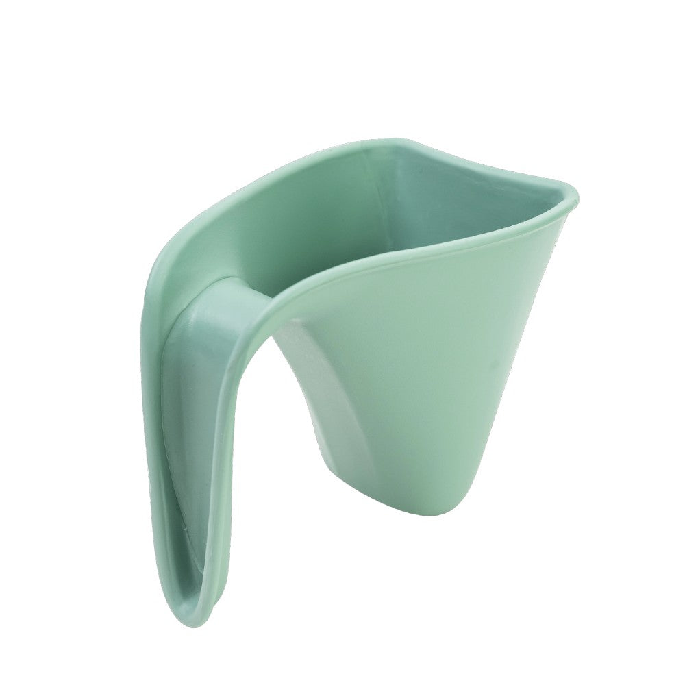 A modern green plastic jug with a curved handle and angled opening, shown on a plain white background.