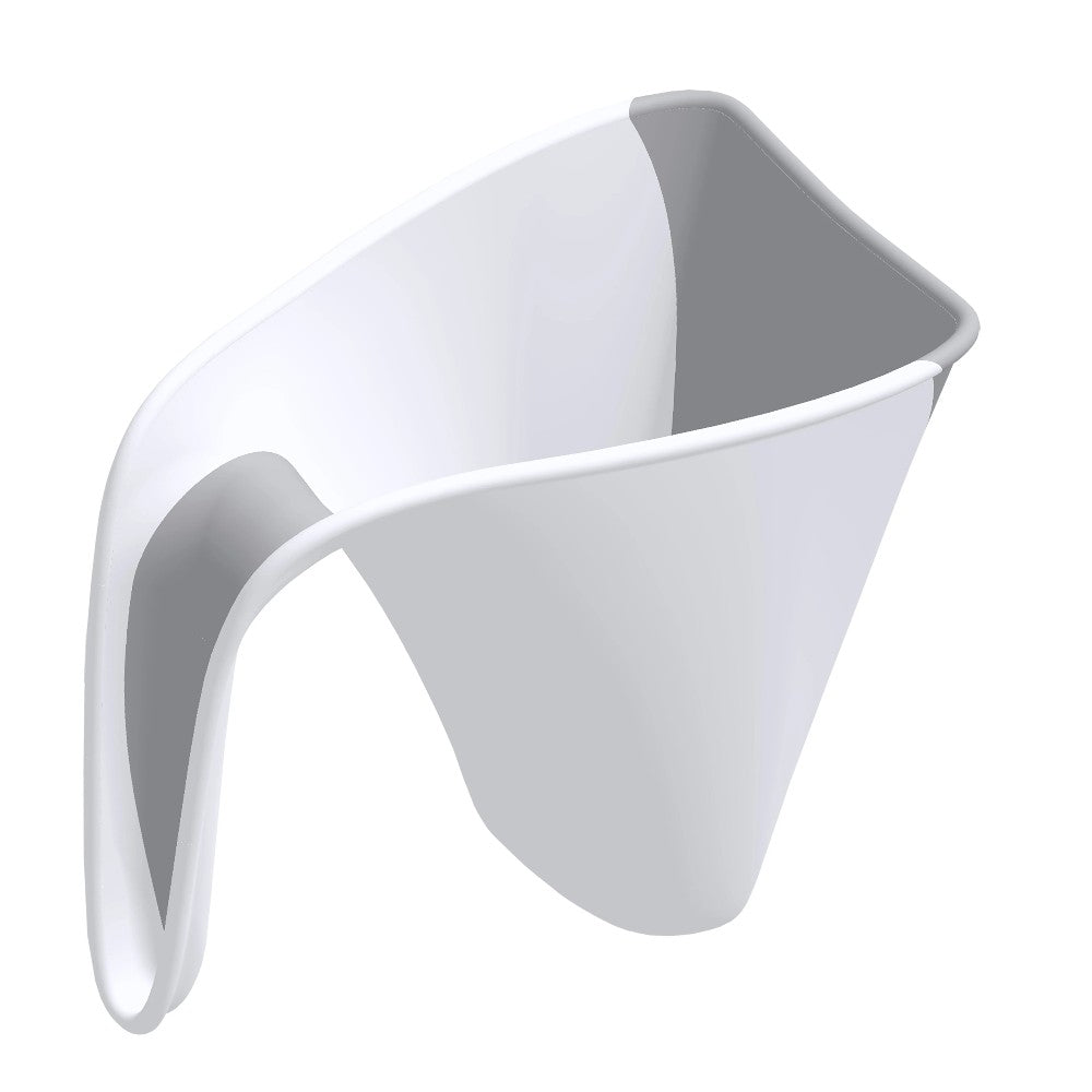 A modern white plastic jug with a curved handle and angled opening, shown on a plain white background.