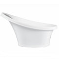 A white plastic baby bathtub with an angled, slanted opening, shown against a plain white background.