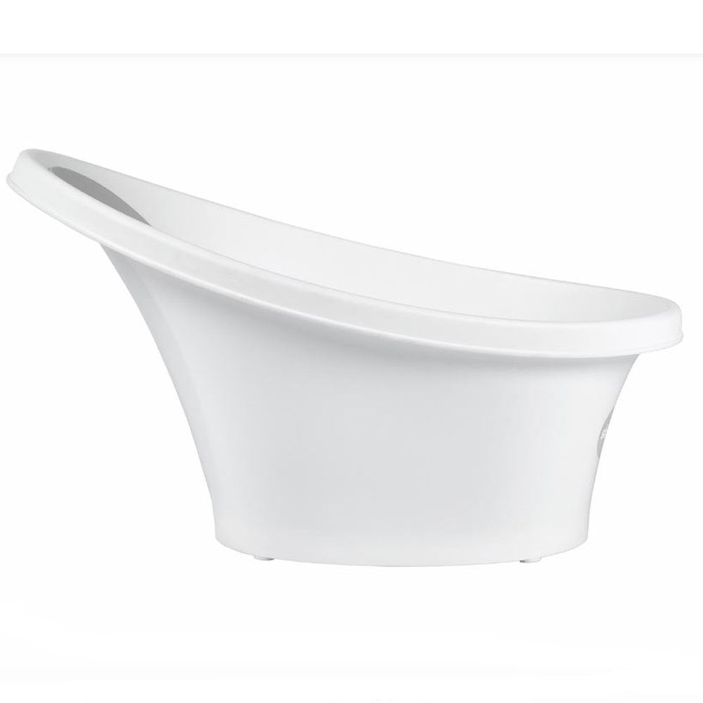 A white plastic baby bathtub with an angled, slanted opening, shown against a plain white background.
