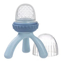 Blue baby feeder with a clear top on a white background