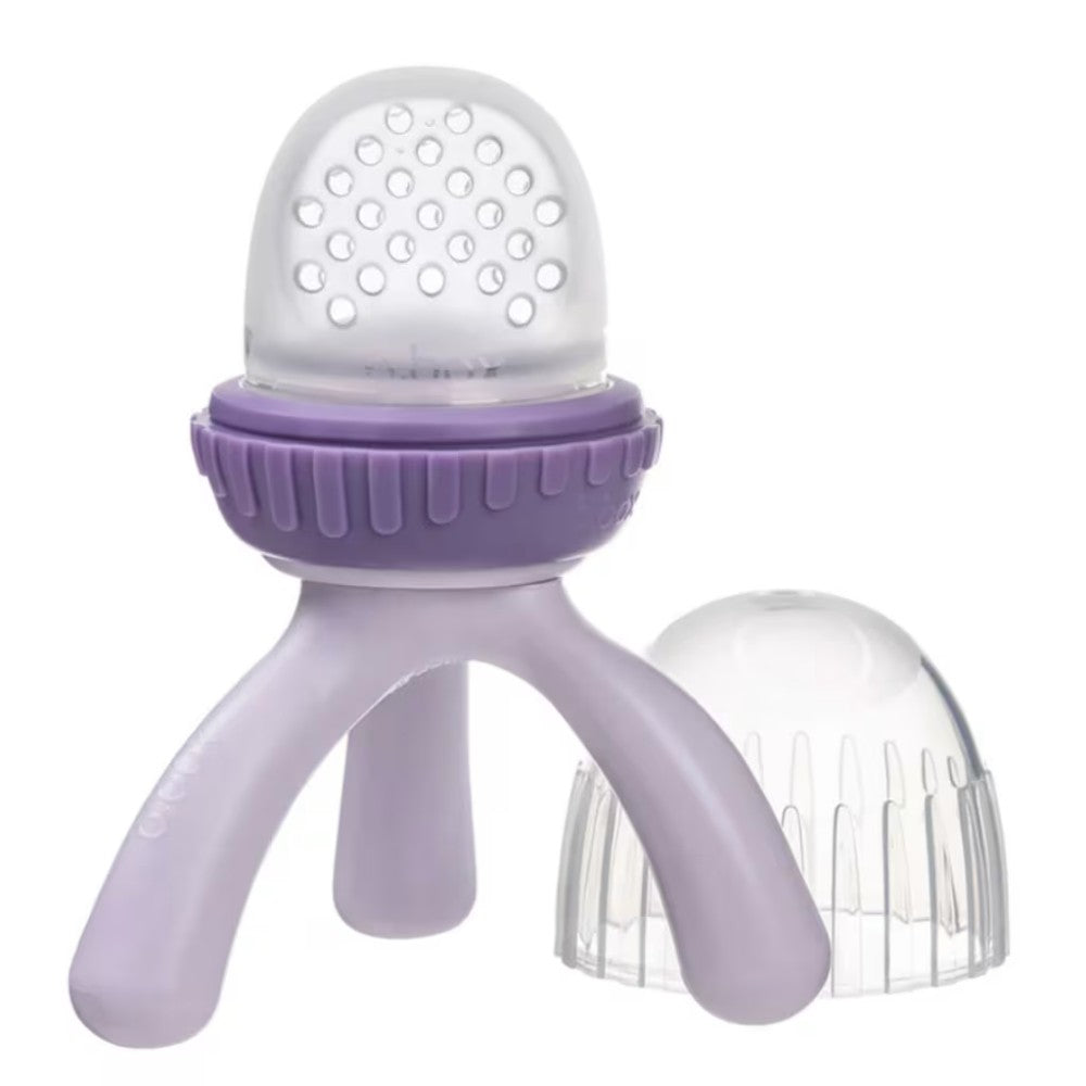 Purple baby feeder with white mesh on a white background