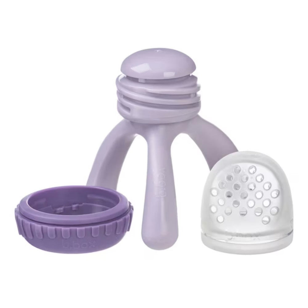 Purple b.box baby feeder on a white background