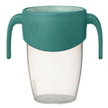 Clear 360 sippy cup with teal handle and lid on a white background