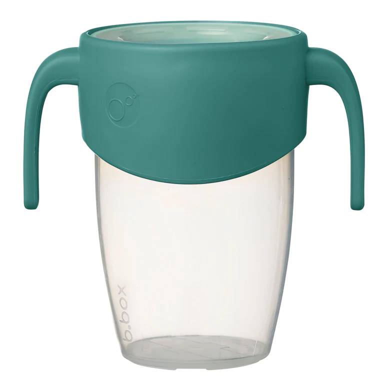 Clear 360 sippy cup with teal handle and lid on a white background