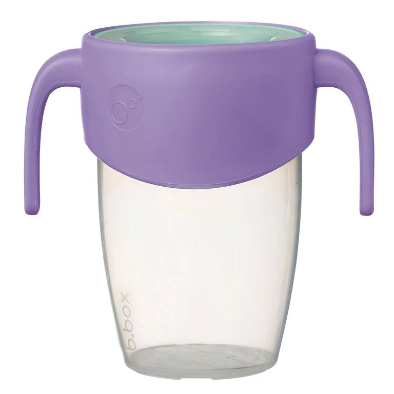 b.box Sippy Clear cup with purple handle and lid on a white background