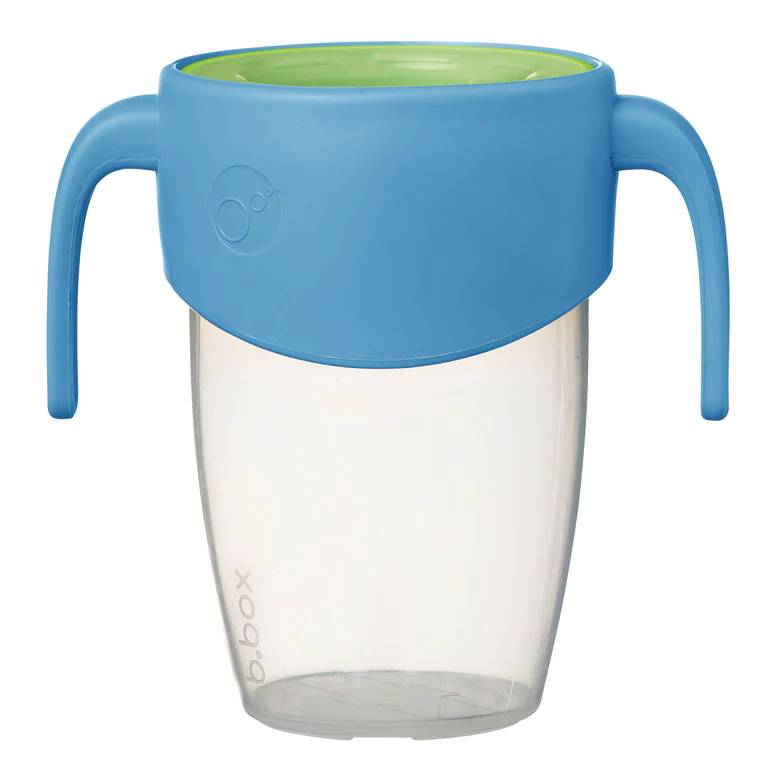 b.box Clear cup with blue handle and green rim on a white background