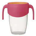 Clear b.box cup with pink handle and lid on a white background