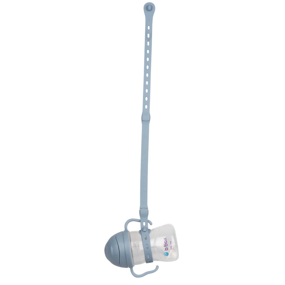 A light blue baby bottle carrier with an adjustable strap and a small bottle holder, shown against a plain white background.