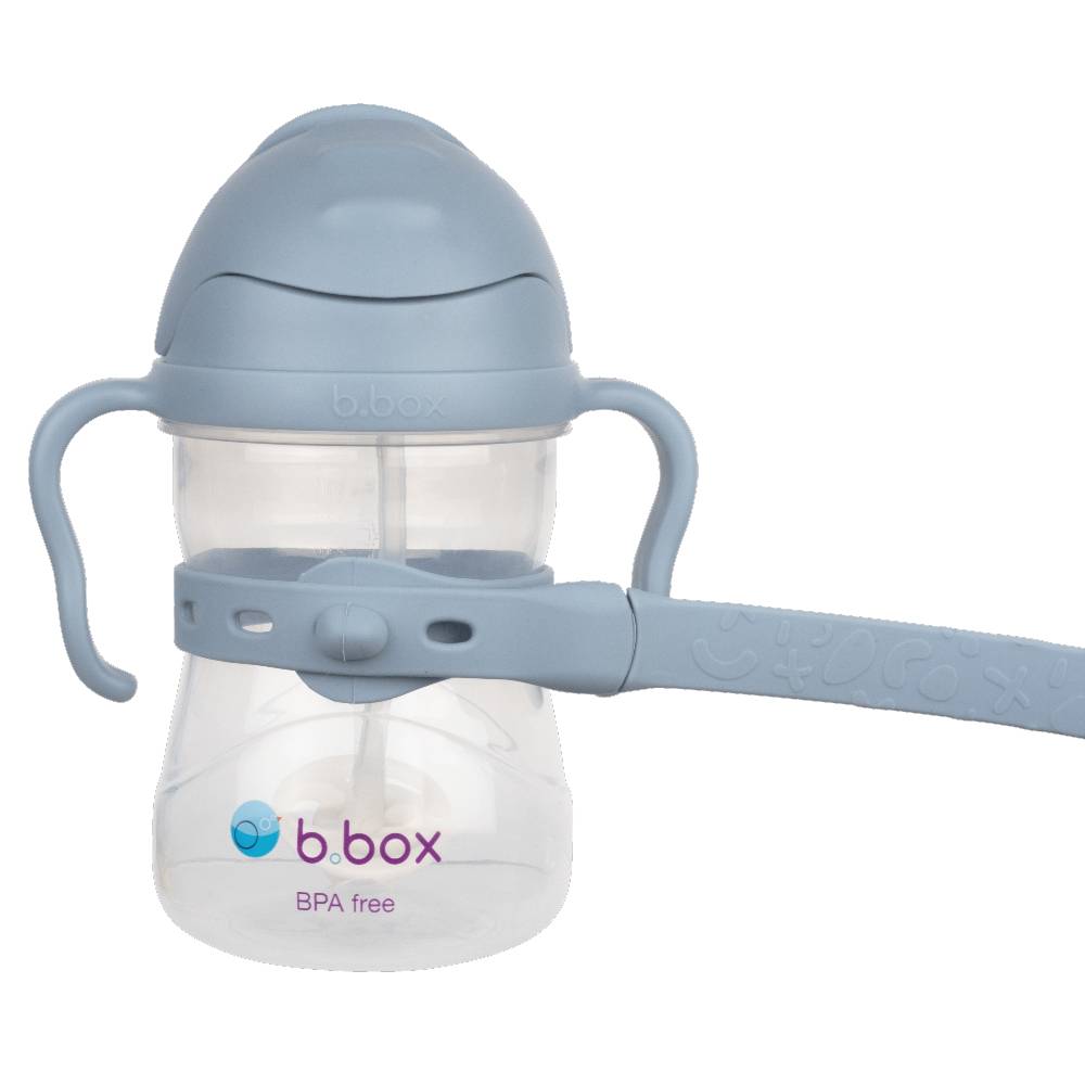 B.box sippy cup with handle and connector strap on a white background