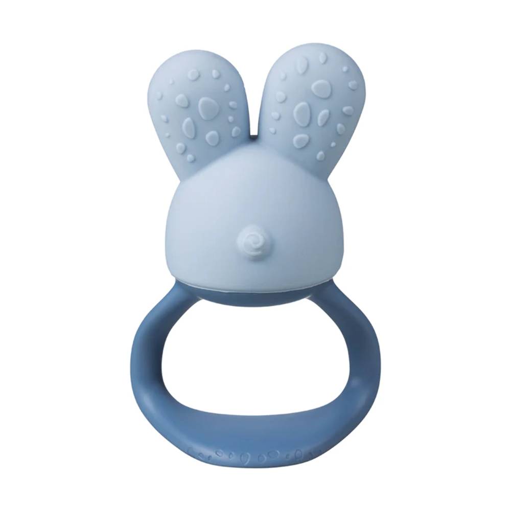 Blue rabbit-shaped b.box teething ring on a white background