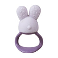 Purple rabbit-shaped teething ring on a white background