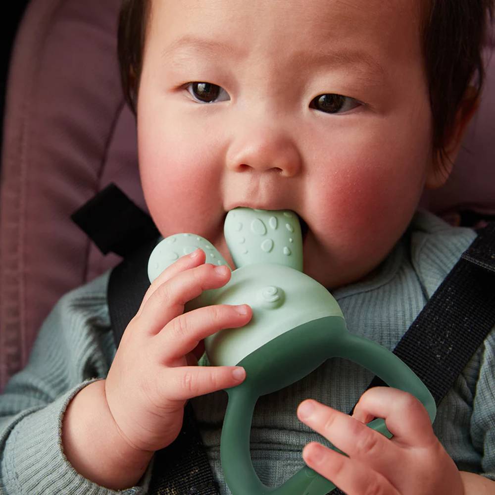Baby holding a green b.box teething toy with a blurred background