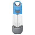 Clear water bottle with blue and gray accents on a white background