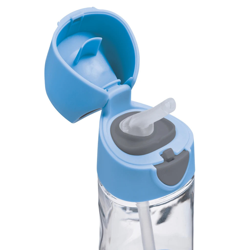 Clear water bottle with blue cap and straw on a white background