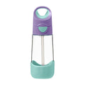 Clear B.BOX water bottle with purple and teal accents on a white background