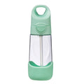 A mint green and clear plastic water bottle with a carrying loop on the cap, a straw, and a matching mint green base, shown on a solid white background.