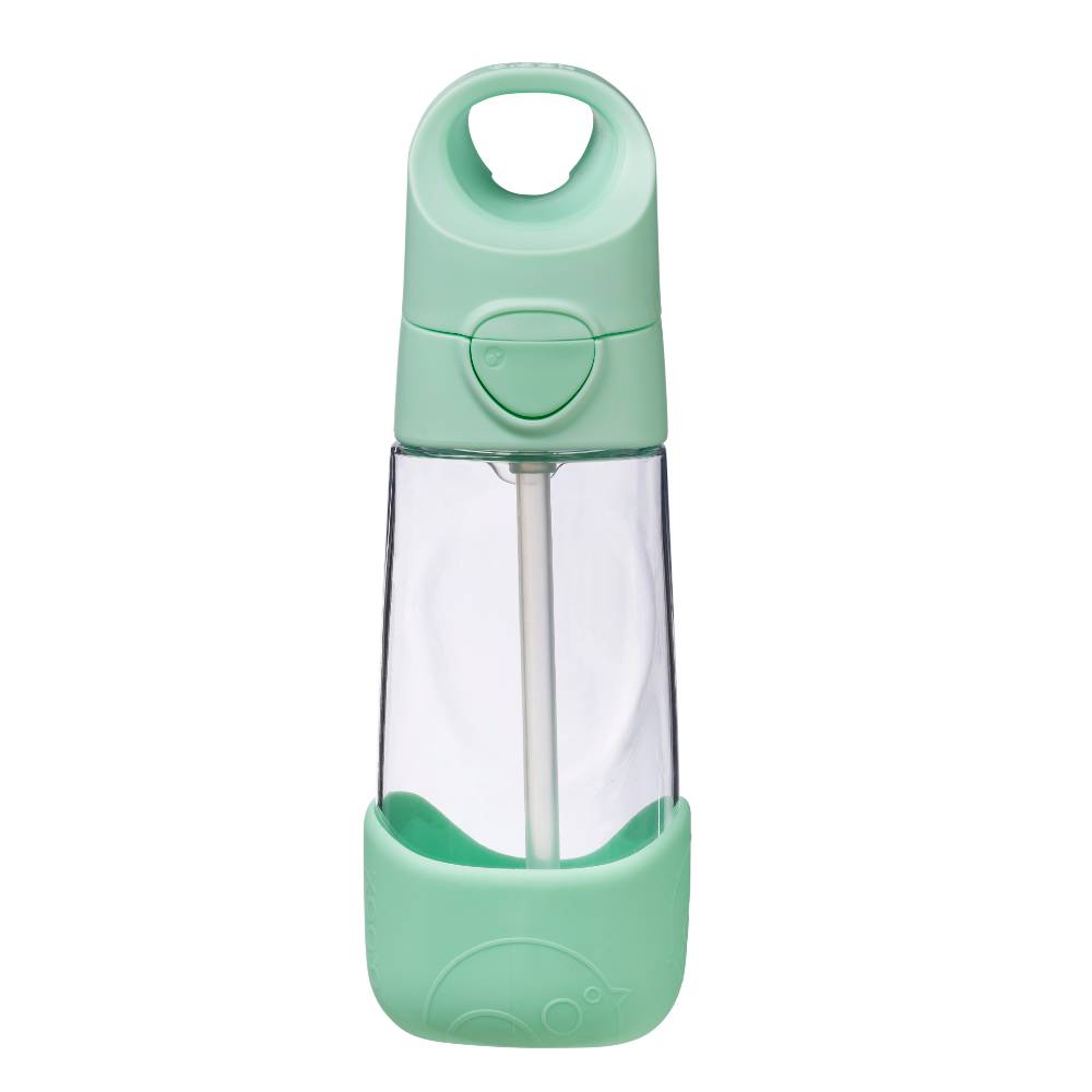 A mint green and clear plastic water bottle with a carrying loop on the cap, a straw, and a matching mint green base, shown on a solid white background.