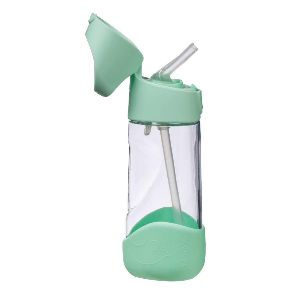 A mint green water bottle with a clear plastic body, a matching mint green flip-top lid with a clear straw, and a mint green protective sleeve at the base, shown on a solid white background.