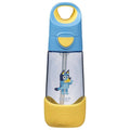 Bluey-themed water bottle with a transparent body, blue top cap, yellow base, and Bluey character printed on the front, shown on a white background.
