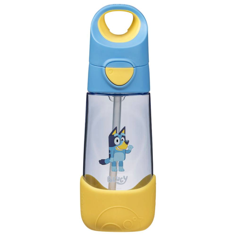 Bluey-themed water bottle with a transparent body, blue top cap, yellow base, and Bluey character printed on the front, shown on a white background.