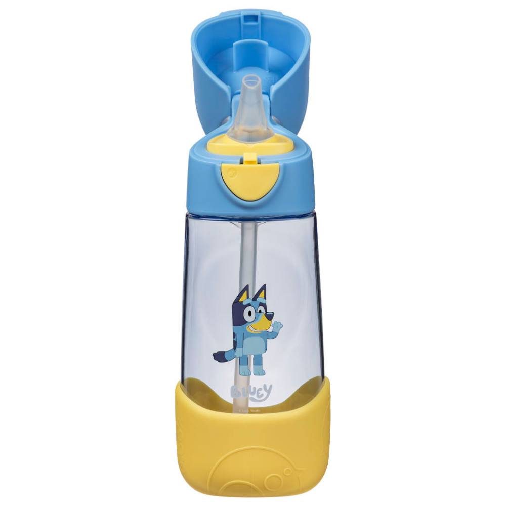 A Bluey-themed kids' water bottle with a clear body, blue lid and straw cap, and a yellow base, featuring a printed Bluey character on the front.