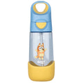 A blue and yellow Bingo water bottle with a clear plastic body, featuring a cartoon cat character on the front and a yellow carrying loop on the cap, set against a plain white background.