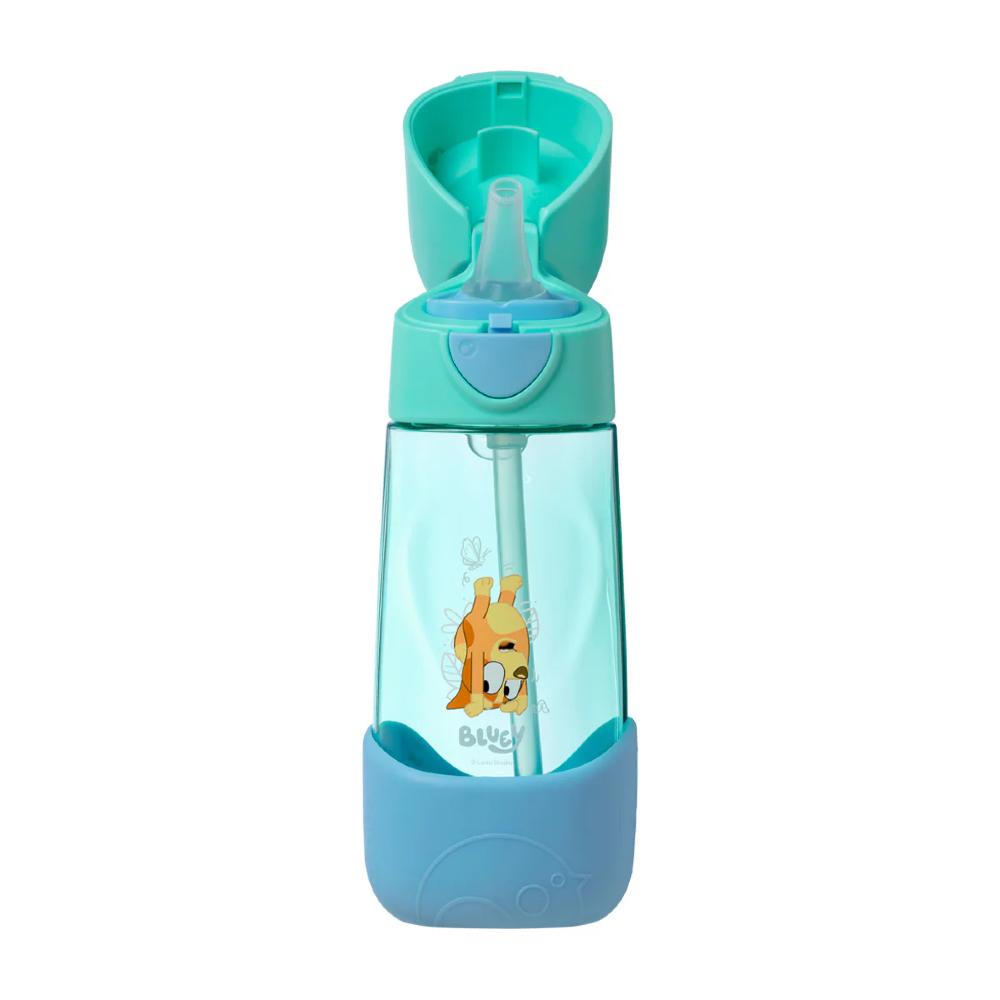 Children's Bluey water bottle with straw and lid on a white background