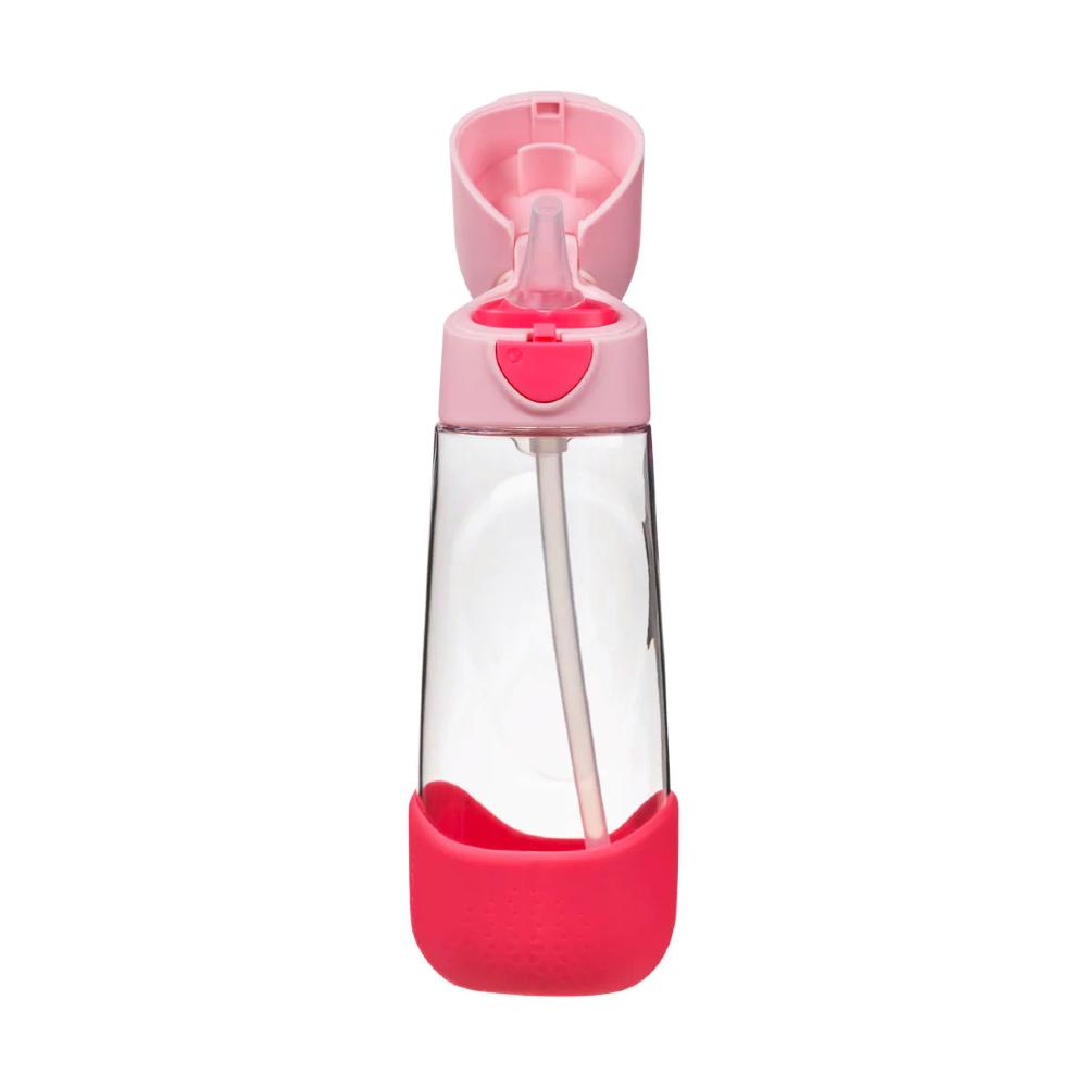 A clear plastic water bottle with a pink flip-top lid and a bright pink protective silicone sleeve at the bottom, shown on a solid white background.