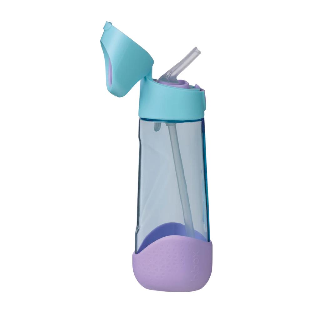 Children's water bottle with a purple base and blue lid on a white background