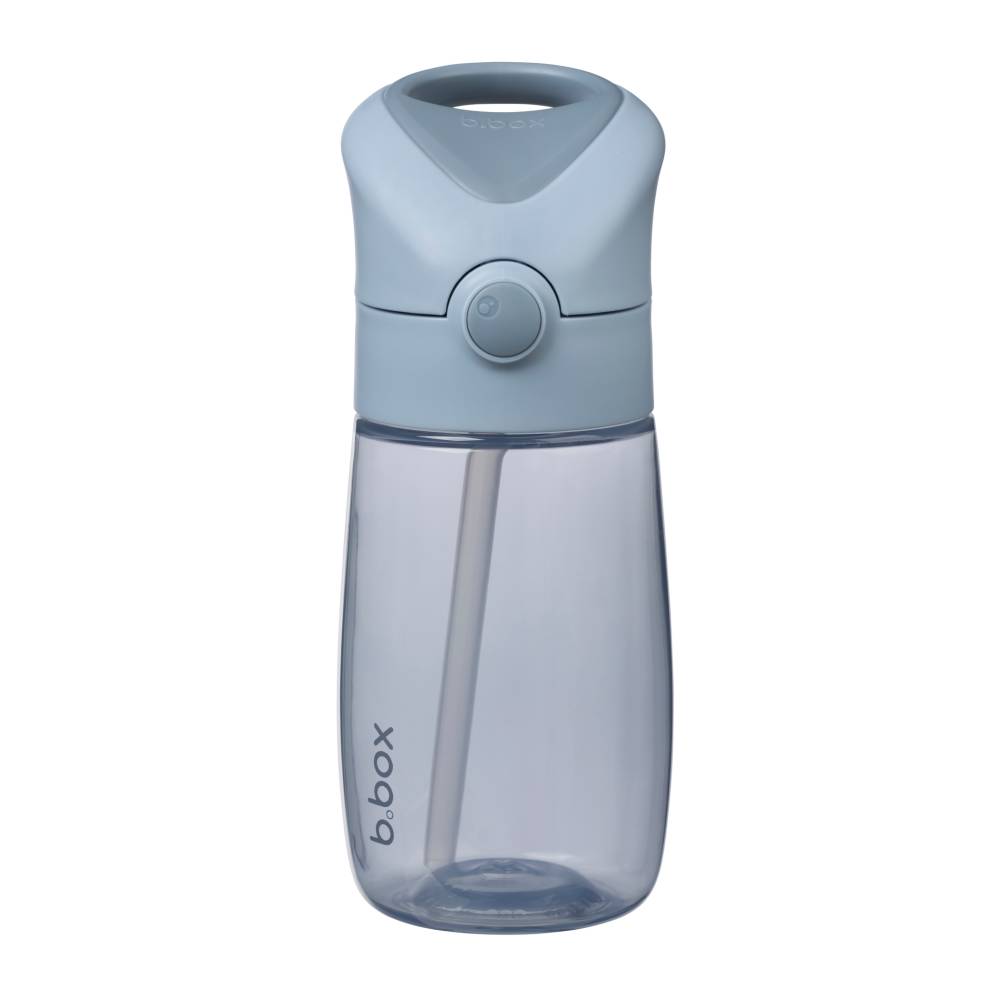 A translucent light blue water bottle with a matching lid and straw, featuring the 'b.box' logo printed vertically on the lower left side, set against a plain white background.