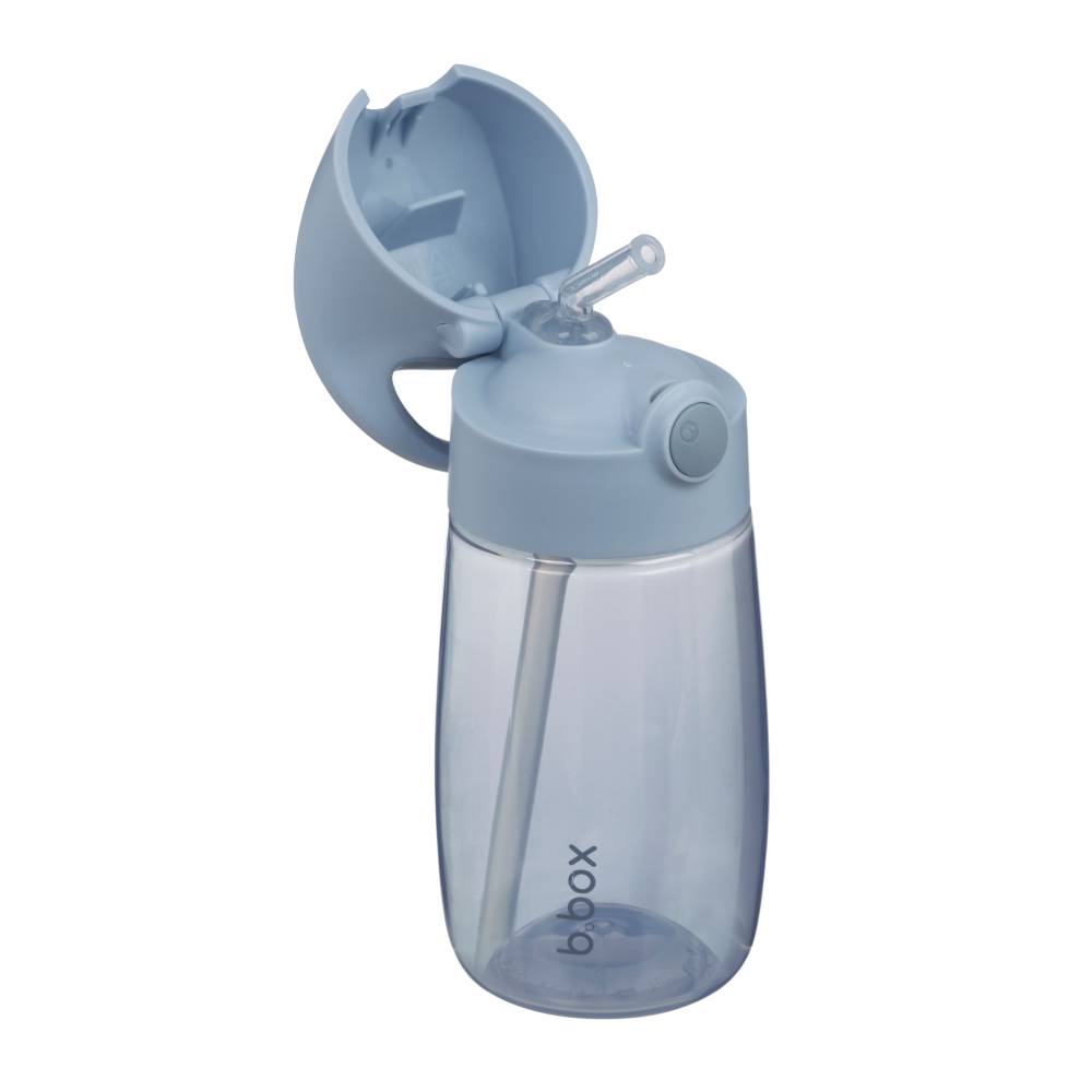 A light blue and translucent water bottle with a flip-up spout lid and straw, shown on a plain white background.