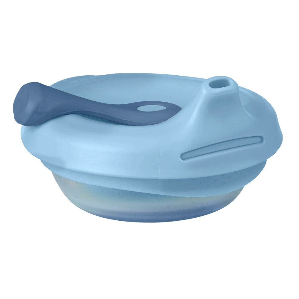 Blue silicone fill & feed bowl with spoon on a white background