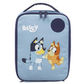 Blue insulated lunch bag with cartoon characters and 'Bluey' branding on a white background