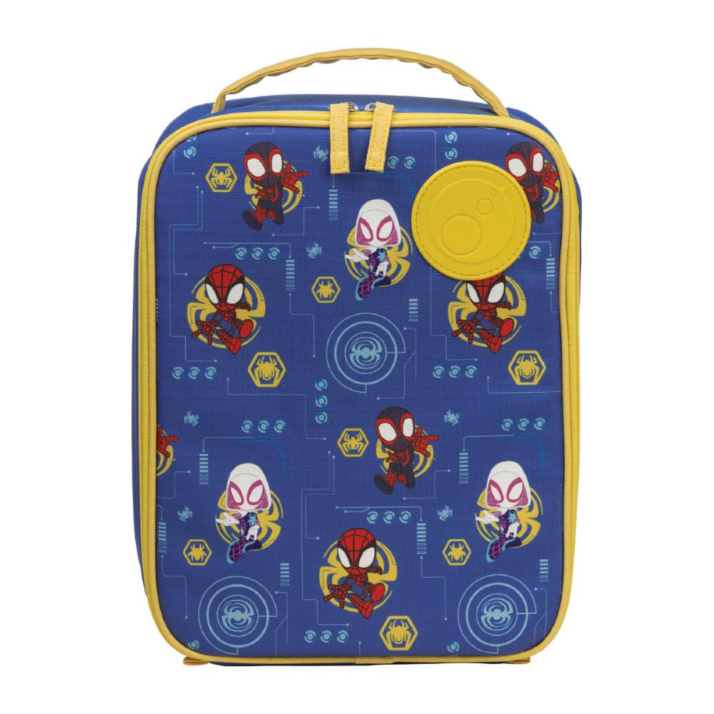 Spider-Man themed insulated lunch bag with blue background and yellow accents