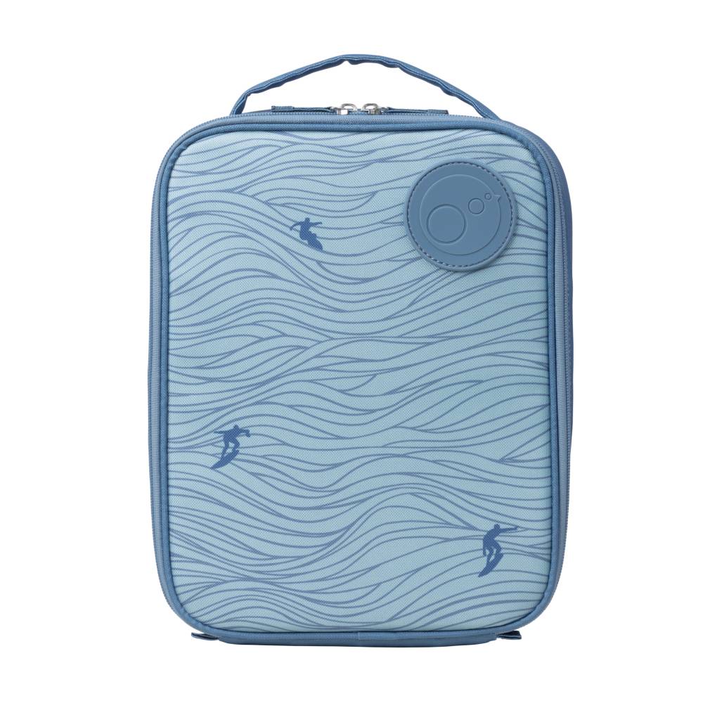 Blue insulated lunch bag with wave pattern on a white background