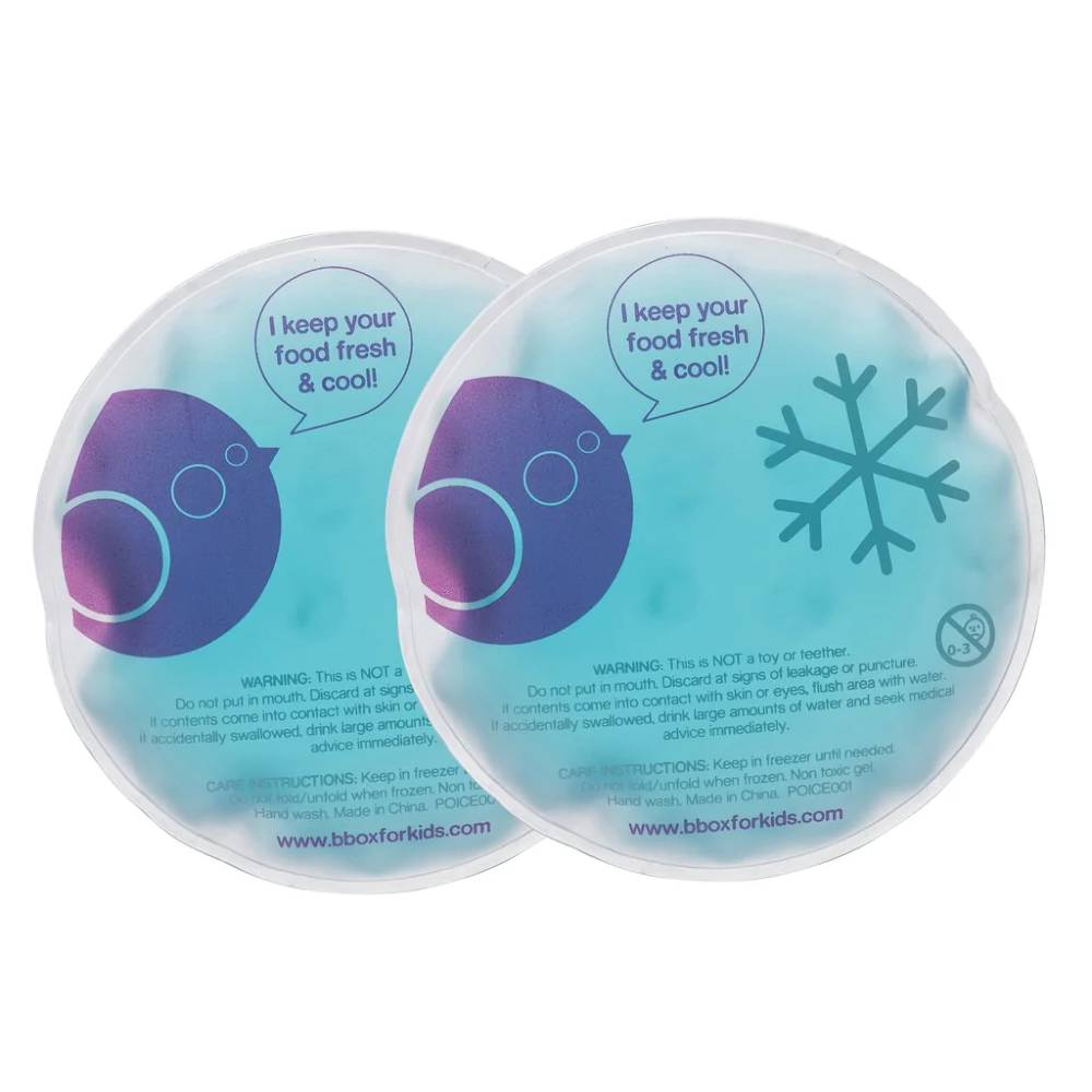 Two round blue gel ice pack with text and a snowflake graphic on a white background.