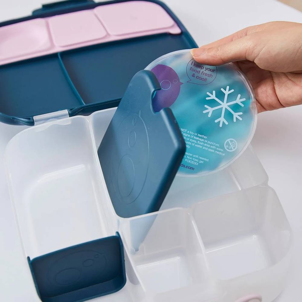 Hand holding a blue and clear ice pack over a b.box lunchbox with blue lid.