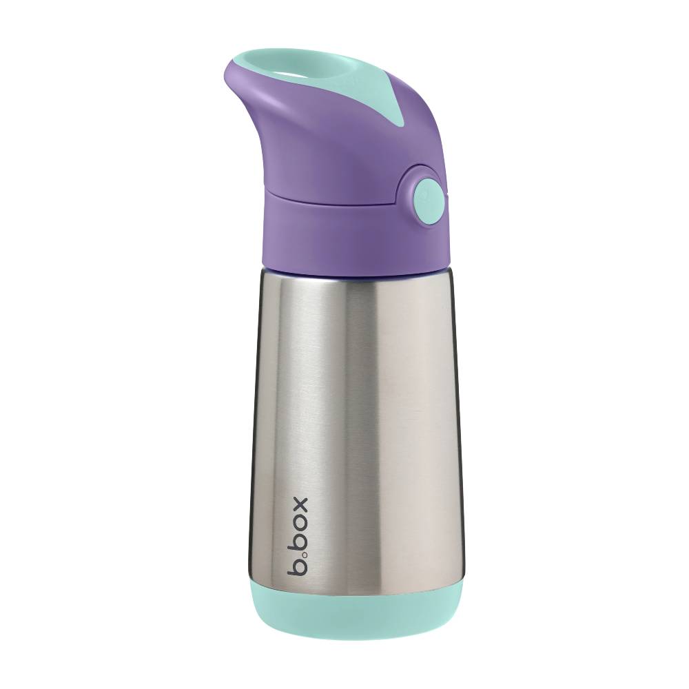 Children's stainless steel water bottle  with purple and teal lid on a white background
