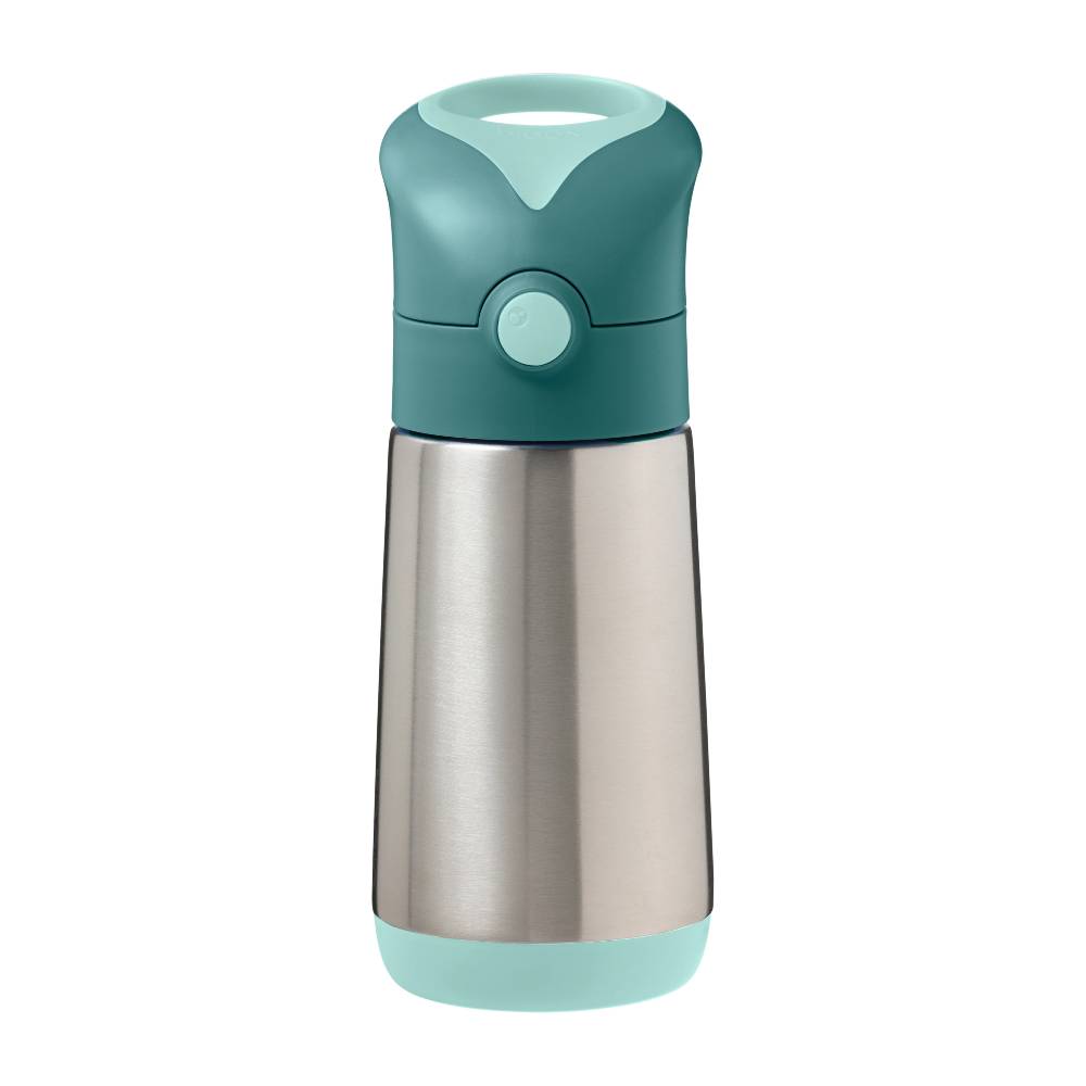 Teal and silver water bottle on a white background