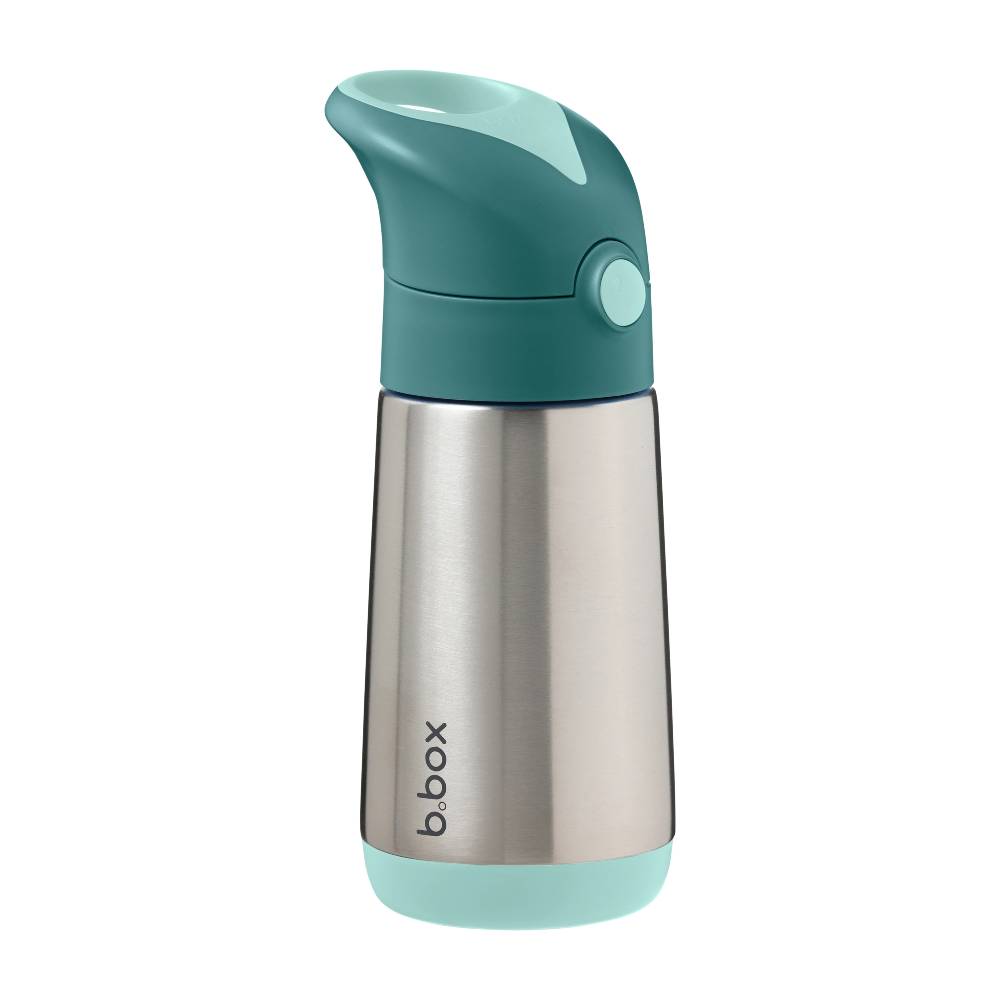 B.box stainless steel and teal lid bottle on a white background