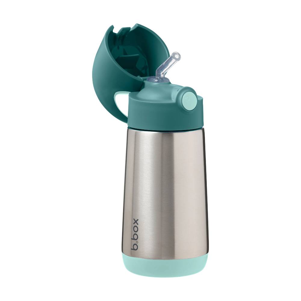 B.box stainless steel kids' bottle with teal lid and base on a white background
