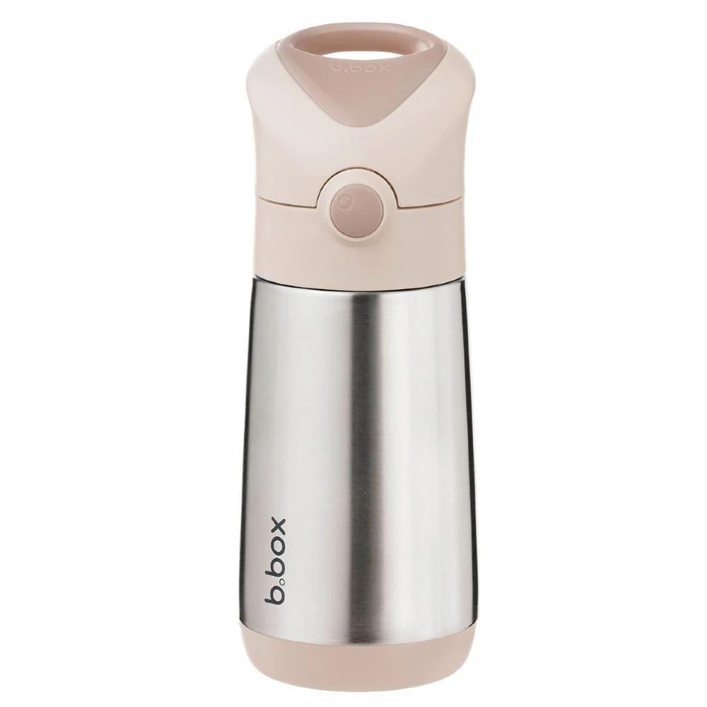 Stainless steel water bottle with beige top and bottom on a white background