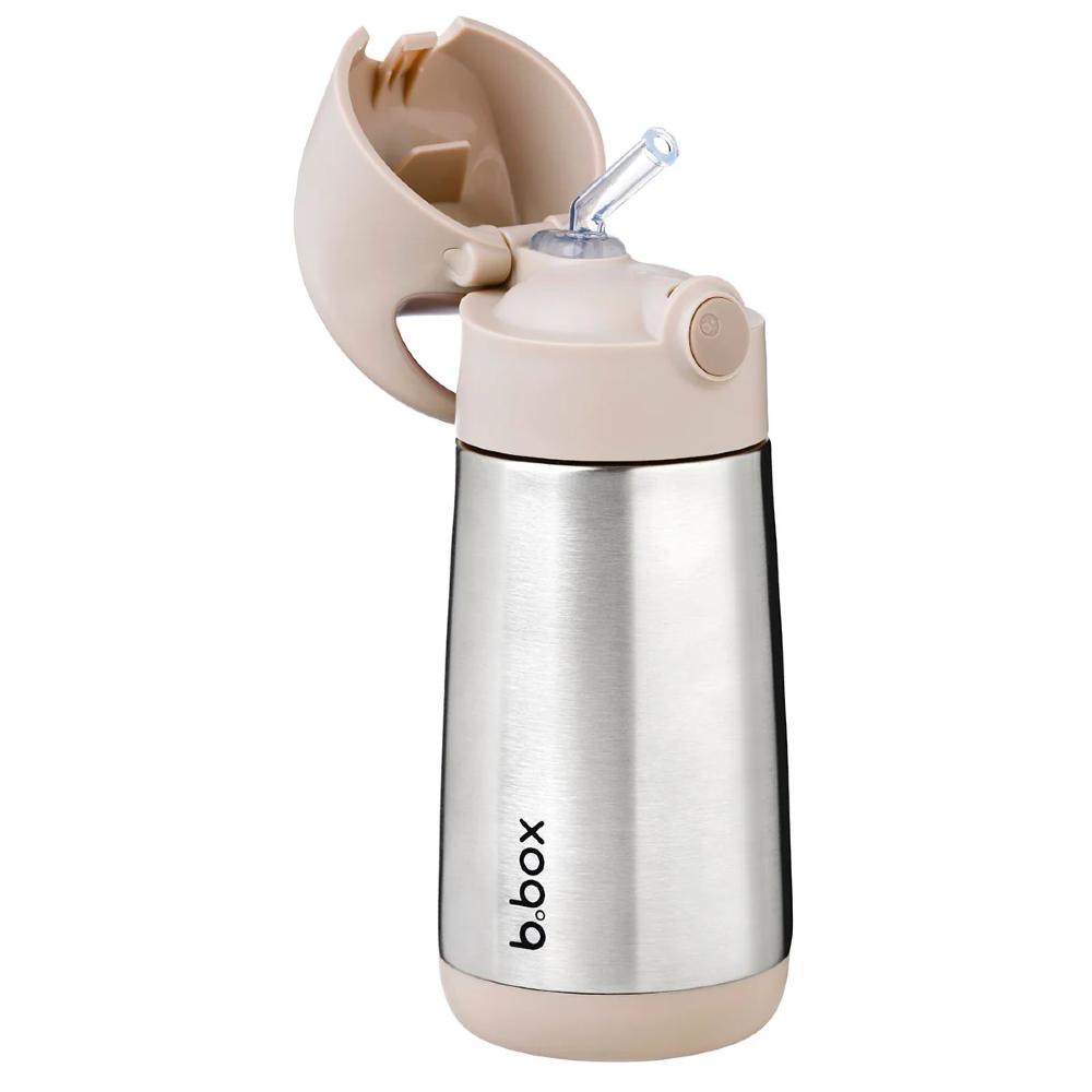 Children's stainless steel with beige lid and straw on a white background