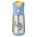 A blue and yellow Bluey-themed stainless steel water bottle with cartoon character graphics, shown on a solid white background.