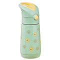Light green insulated water bottle with yellow lid featuring Winnie the Pooh bear designs on a white background
