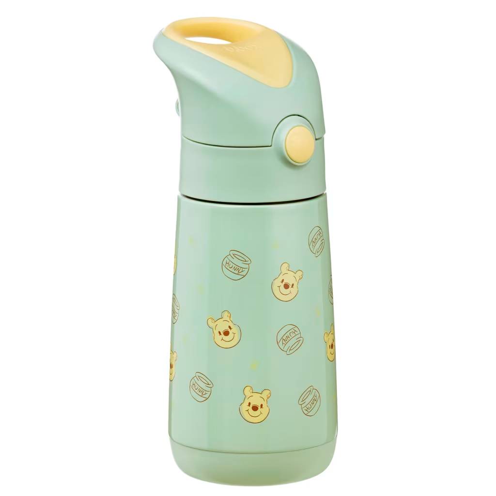 Light green insulated water bottle with yellow lid featuring Winnie the Pooh bear designs on a white background