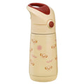 A cream-colored insulated water bottle with Lion King design, featuring a dark red flip-top lid.
