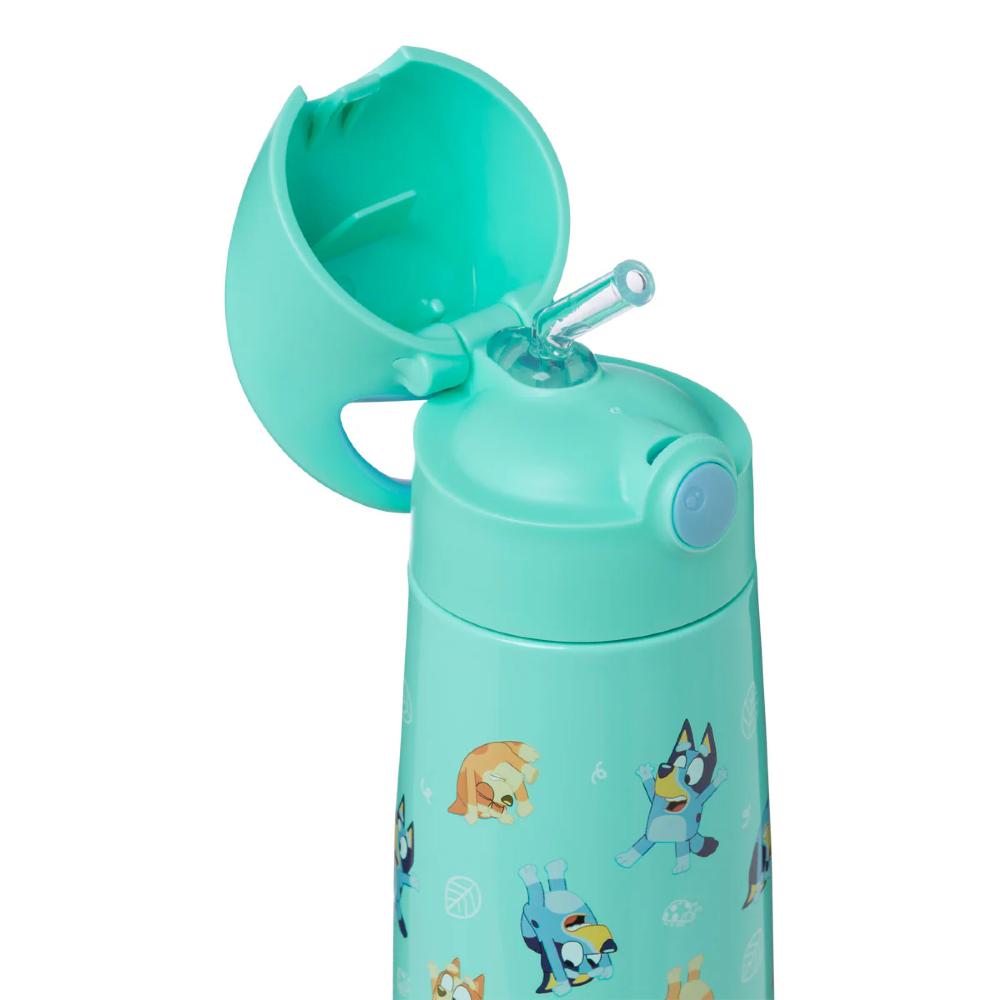Turquoise water bottle with character design on a white background