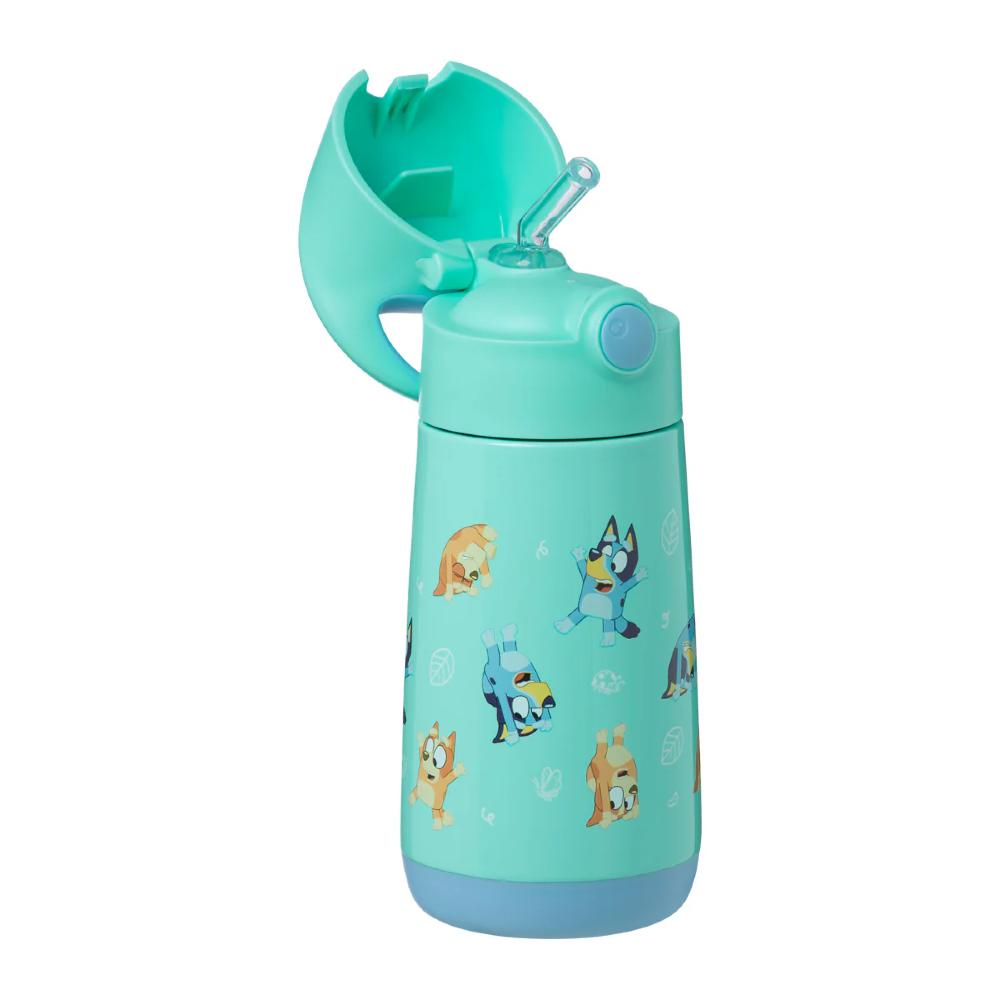 Children's turquoise water bottle with Bluey cartoon characters on a white background